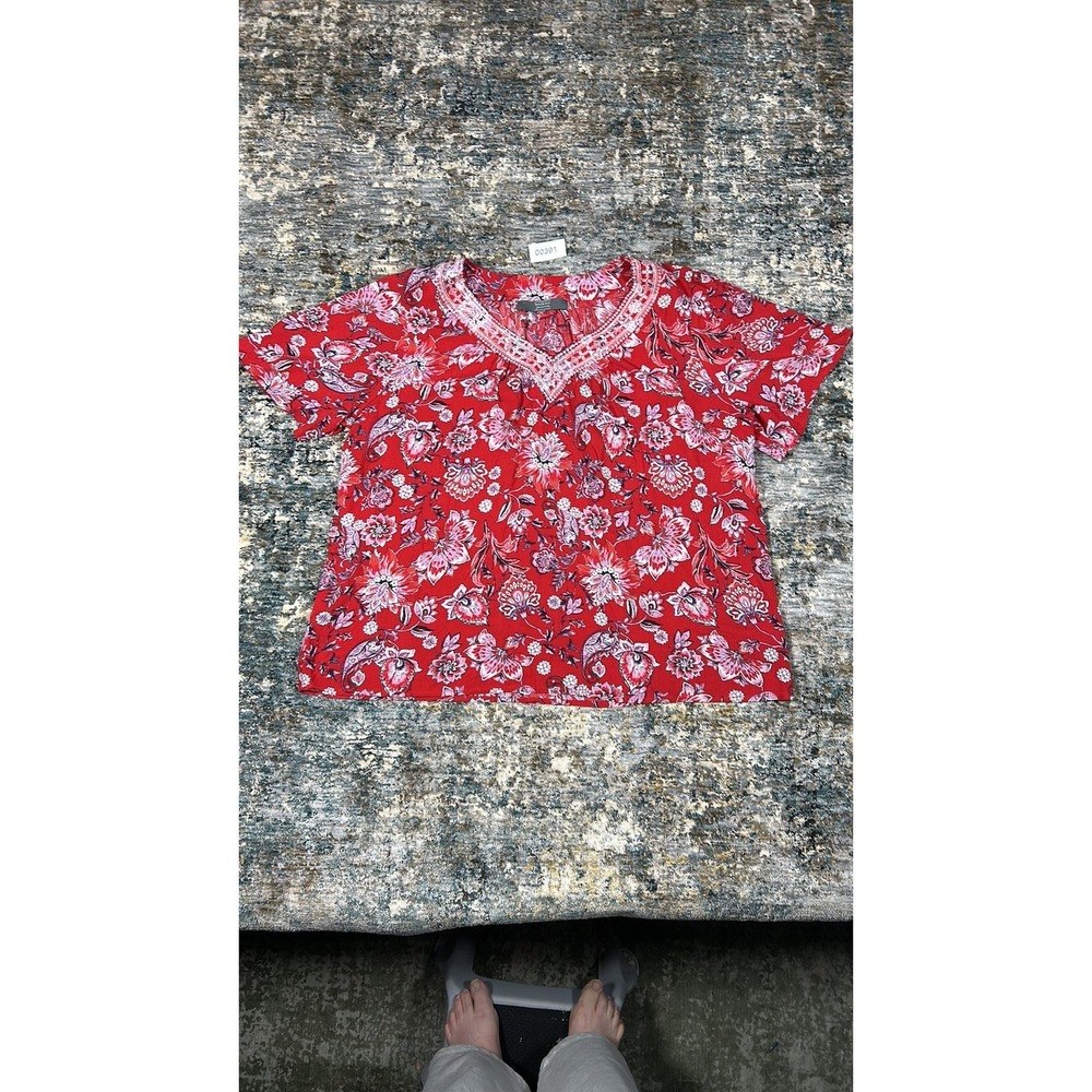 Berkley Jensen Red Floral Paisley Embroidered Boho Blouse XL